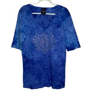 VTG Sledge‎ Womens XL Blue Tie Dye Top Rhinestones USA Metallic Graphic Grunge
